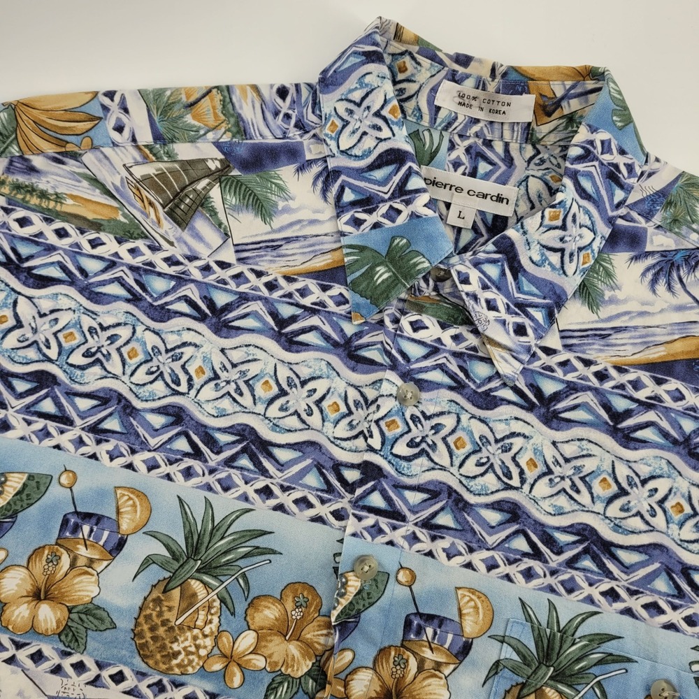 Pierre Cardin Mens LG Blue Tropical Pineapple Cotton Short Sleeveā Button Shirt